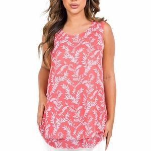 Cristina B Double Layer Sleeveless Tunic Top Pink Leaf Print Large